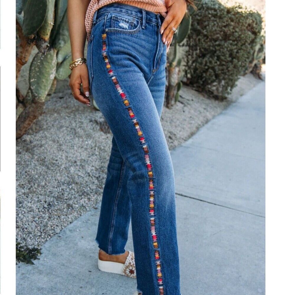 Driftwood Blue Royce Side Stripe Jeans Distressed Raw Hem Straight Leg 27